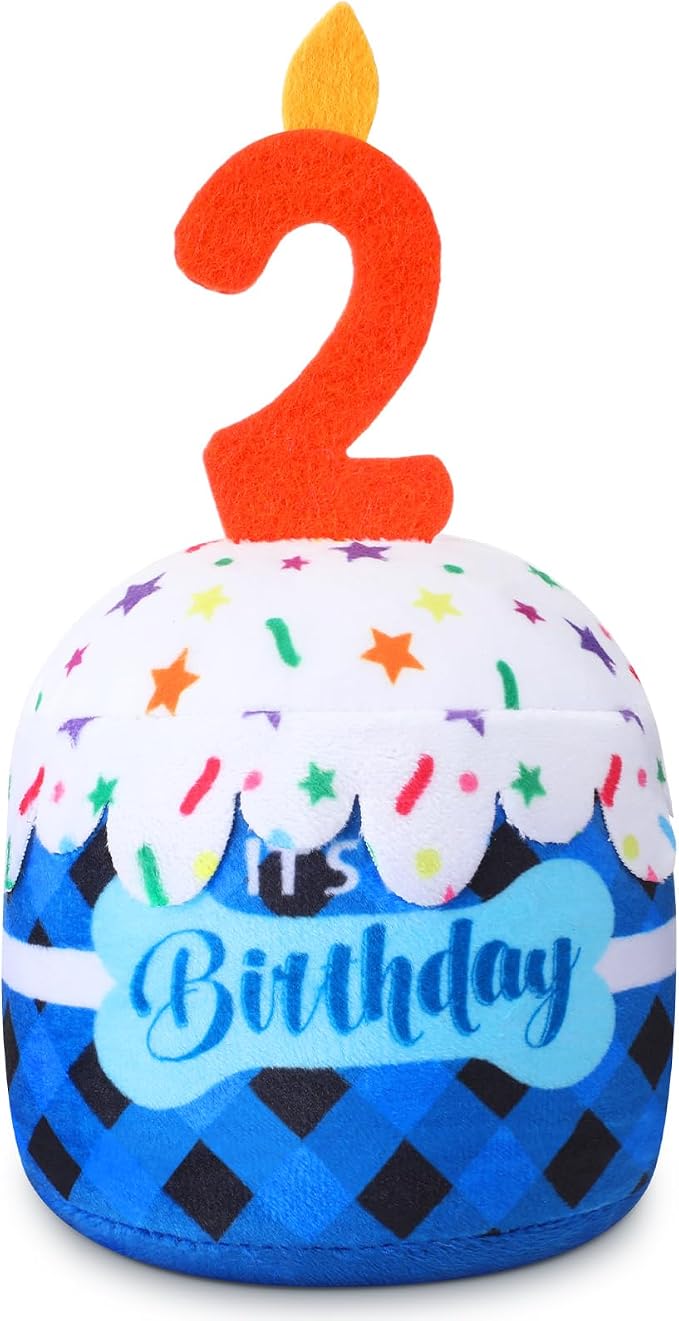 Dansydaisy Dog Birthday Cake Toy Squeaky Plush Gift,2nd,Blue Grid