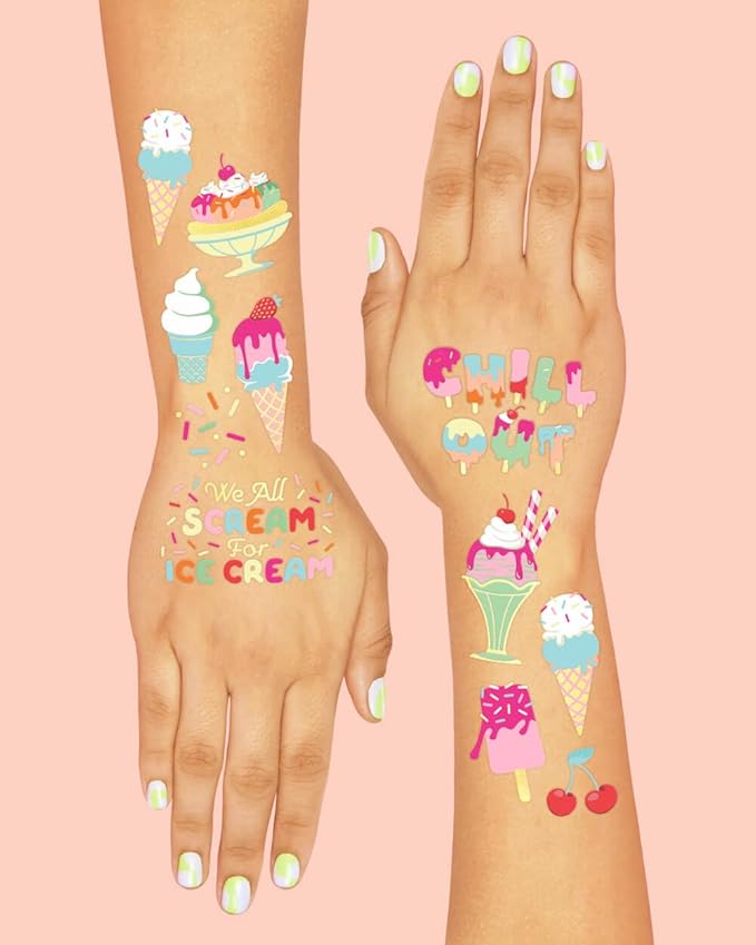 xo, Fetti Ice Cream Birthday Party Temporary Tattoos for Kids - 56 Glitter Styles | Dessert, Sweet Baby Shower Party Supplies, Arts and Crafts