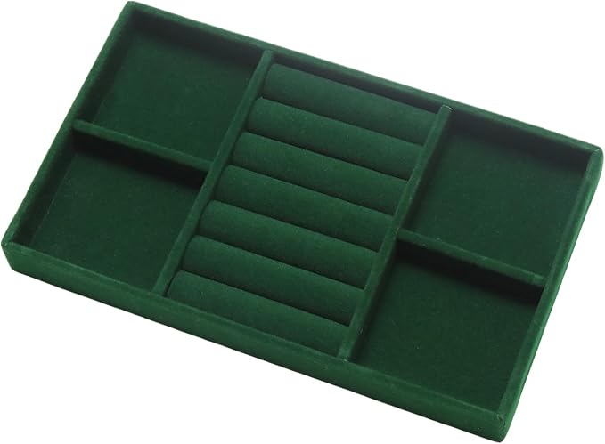 Velvet Jewelry Trays for Drawers, Dark Green 2-in-1 | Stackable Jewelry Drawer Organizer, Ring Earring Necklace Bracelet Holder Organizer Display Tray with Removable Dividers