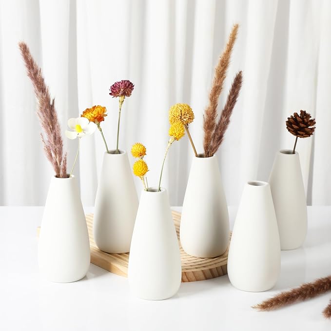 YANLING 6 Pcs White Ceramic Vases for Home Decor, 6 in Modern Ceramic Vase | for Centerpieces Small Boho Vases Pampas Grass Vases, Table Vase for Dried Flowers Decor