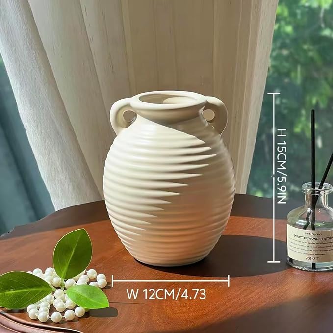 Ceramic Vase, 6-inch Small White Farmhouse Vase for Rustic Home Decor, Modern Cloud Texture Decorative Pitcher Vase for Living Room, Shelf, Mantle, Table Centerpiece,Flower Vase (6-inch dual speakers)