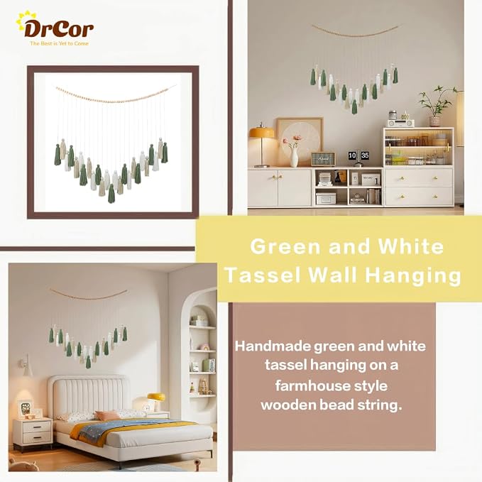 DrCor Sage Green Boho Tassel Garland Wall Hanging Decor | Handcrafted yarn fringe for classroom, dorm, baby shower and farmhouse styling. Lightweight, easy to hang, reusable.