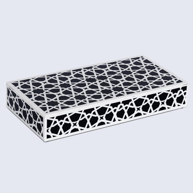 Handicrafts Home Large Decorative Storage Box with Lid, Black and White Moroccan Zellij Coffee Table Storage Box, Remote Control Holder, Keepsake Box for Living Room & Shelf Decor, Zellij 12 x 6 x 2