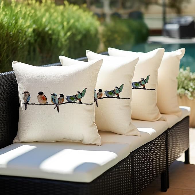 RABUSOA Birds Pillow Covers 16x16 Inch,Lumbar Decorative Throw Pillows,Spring Summer Hand-Painted Outdoor Pillowcases Cushion Covers for Couch