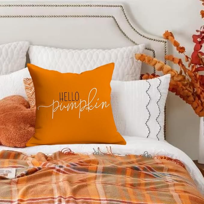 RABUSOFA Fall Pillow Covers 20x20 Inch,Autumn Hello Pumpkin Pillows Decorative Throw Pillows,Outdoor Thanksgiving Cushion Cover Farmhosue Fall Decor for Bedroom Couch Sofa
