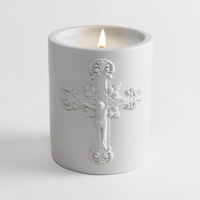 SAINT Santa Cruz Scented Candle with Prayer and Prayer Coin | Nadu Sandalwood in Decorative, Concrete Jar - Soy Coconut Aromatherapy Candle with 80 Hour Burn Time, Special Edition