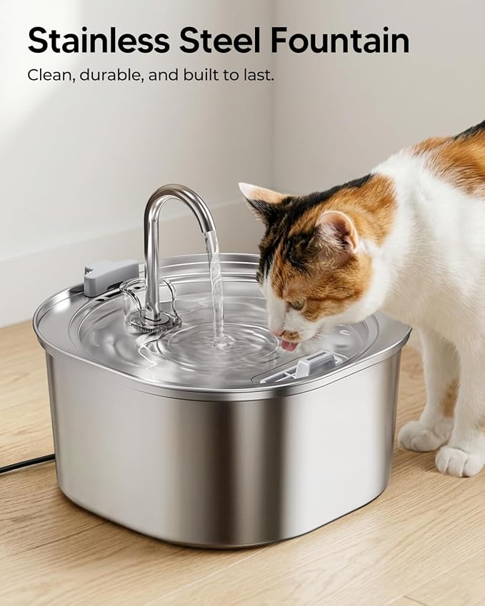PEKTACO Cat Water Fountain, 3.2L Pet Drinking Fountain with 3 Filters | Stainless steel cat drinking fountain, dishwasher safe, with triple filtration, quiet pump, faucet for cats and small pets