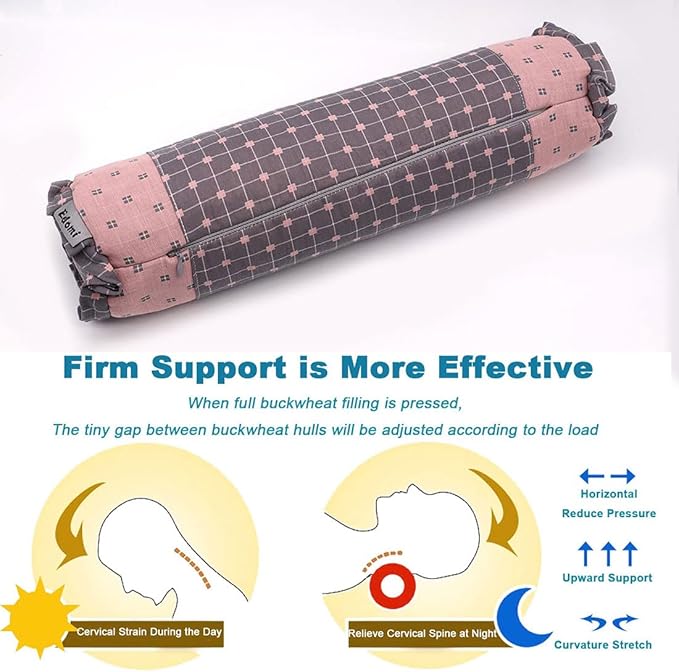 Round Neck Buckwheat Pillow, Neck Support Cervical Pillow for Side and Back Sleepers with Removable Washable Cover (16x4 inch, Grey&Pink)