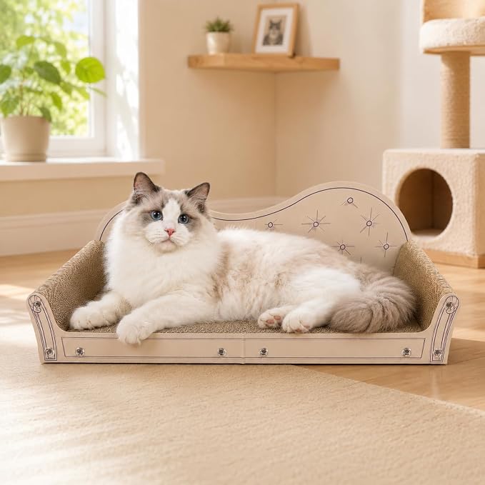 Cat Scratcher Couch, 26’’ Large Cardboard Scratcher Bed - Orthopedic Pet Lounge with Scratching Pad, Furniture Protector for Indoor Cats