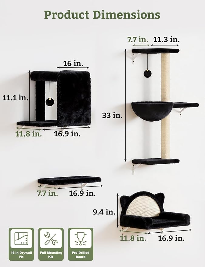 5-in-1 Cat Wall Shelves, Solid Wood Cat Wall Furniture Set for Indoor Cats | 44 lb per Shelf, 72-Hour Load Tested, Pre-Drilled, Fits 16 in. Stud Drywall & Solid Walls, for Small to Medium Cats