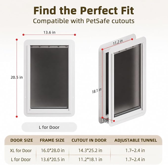 URSPET Large Dog Door for Door, 3-Flap Insulated, Steel Frame, White | 10.25 x 16.25 in Usable Opening, For 1.7-2.4 in Doors, Compatible with PetSafe Door Cutouts, Lock Panel, Replaceable Flaps