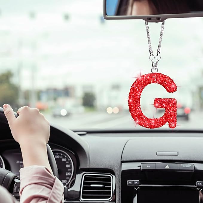 Bling Letter G Car Charm Pendant Letter Hanging Ornament for Rear View Mirror Decoration (Red, G)