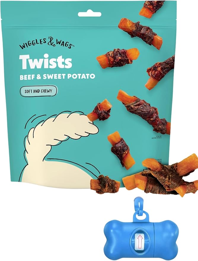 Wiggles & Wags Twists Dog Treats, Beef & Sweet Potato, Soft and Chewy, Grain Free, All Natural, 16 oz with DN Essentials Waste Bag Dispenser & Roll