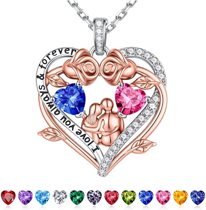 Iefil Valentines Gifts for Her Wife - 925 Sterling Silver Double Heart Birthstone Necklace, Anniversary Birthday Gifts for Women Wife Girlfriend