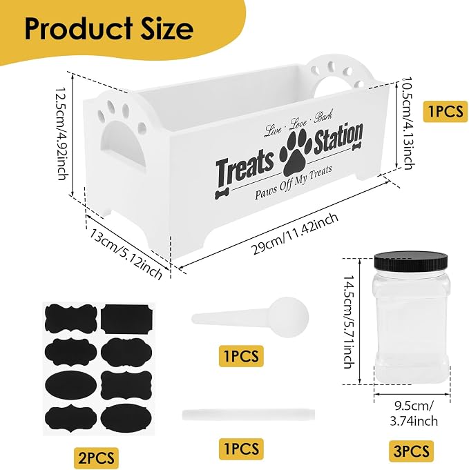 Dog Treat Container for Countertop Dog Food Storage with 3 Plastic Treat Jars Wood Dog Food Container with Handles and Lids Farmhouse Practical Pet Cat Dog Treat Storage Containers (white)