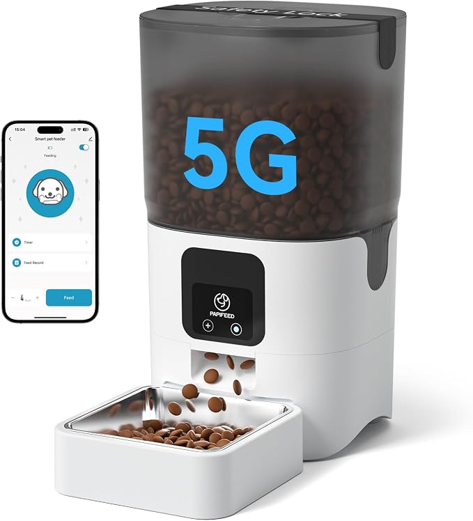 PAPIFEED Automatic Cat Feeder with App, 5G WiFi Cat Food Dispenser, 6L Timed Cat Feeder for Dry Food, 10 Meals/Day, 12 Portions/Meal, Dual Power Supply Smart Pet Feeder for Small Dog, White