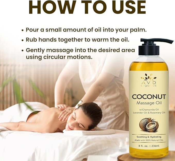 AVD Organics Coconut Massage Oil 236 ml |Infused with Chamomile Lavender and Rosemary | Cold Pressed Oil for Aromatherapy | Skin Nourishment Body | Ideal for DIY | 8 fl.oz