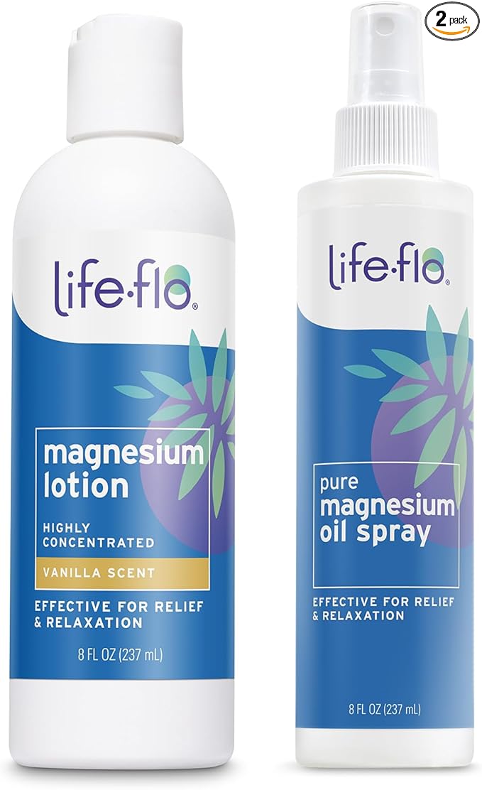 LIFE-FLO Magnesium Lotion and Pure Magnesium Oil Spray Bundle - with Magnesium Chloride from The Zechstein Seabed - 100% Magnesium Oil for Feet and Body and Unscented Lotion (8 Oz Pack of 2, Vanilla)