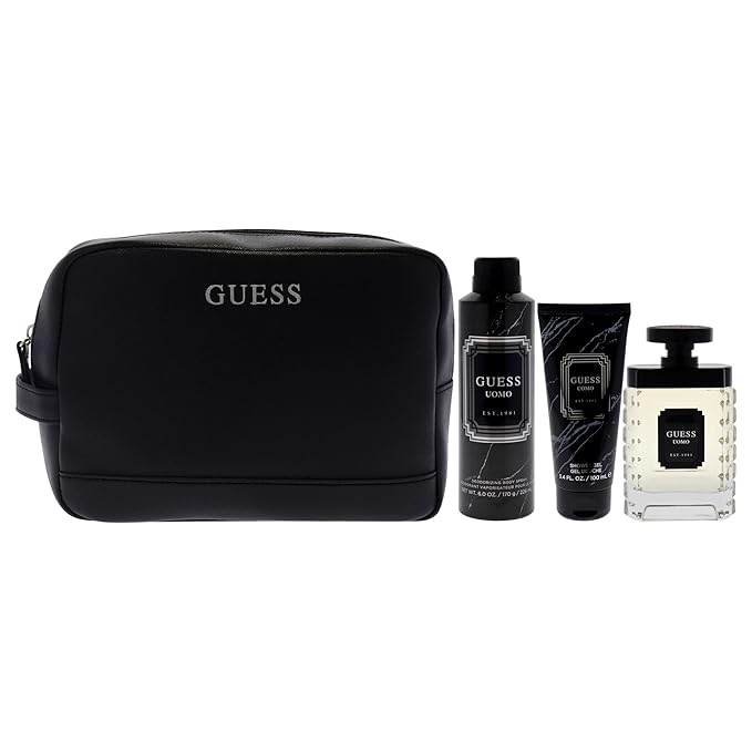 Guess Uomo by Guess for Men - 4 Pc Gift Set 3.4oz EDT Spray, 6oz Deodorizing Body Spray, 3.4oz Shower Gel, Pouch