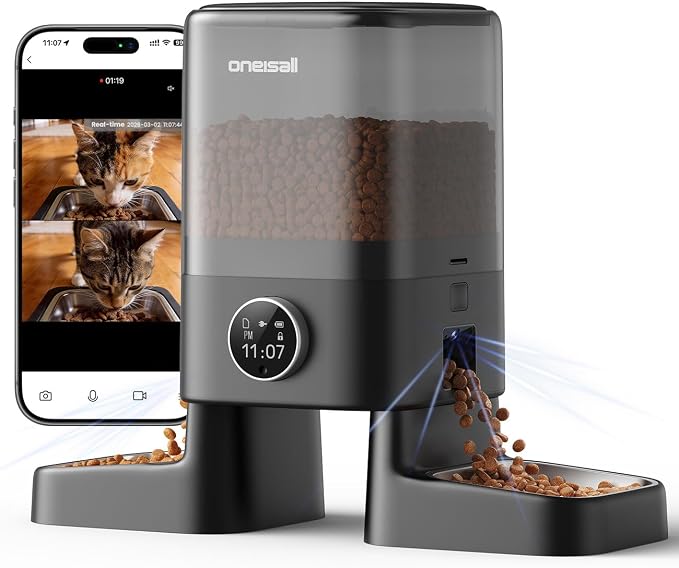 oneisall Automatic Cat Feeder with Camera for 2 Cats Pets, 20 Cups/5L | 5G Wi-Fi, Dual Cameras, HD Night Vision, 2-Way Audio, Motion-Activated Alerts, APP Remote Control, Feed Now, Feeding Logs