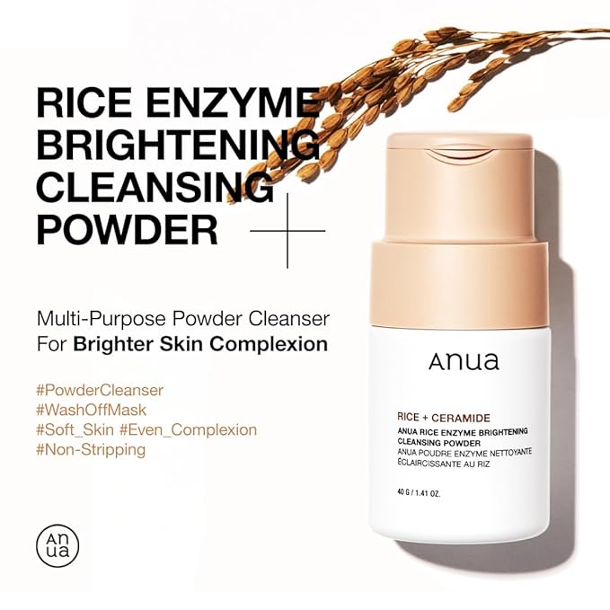 ANUA Rice Enzyme Brightening Cleansing Powder, Exfoliating Powder-to-Foam Cleanser, Smooth Texture & Clarity, Hydrating & Gentle Formula, Korean Skincare,1.41 fl.oz