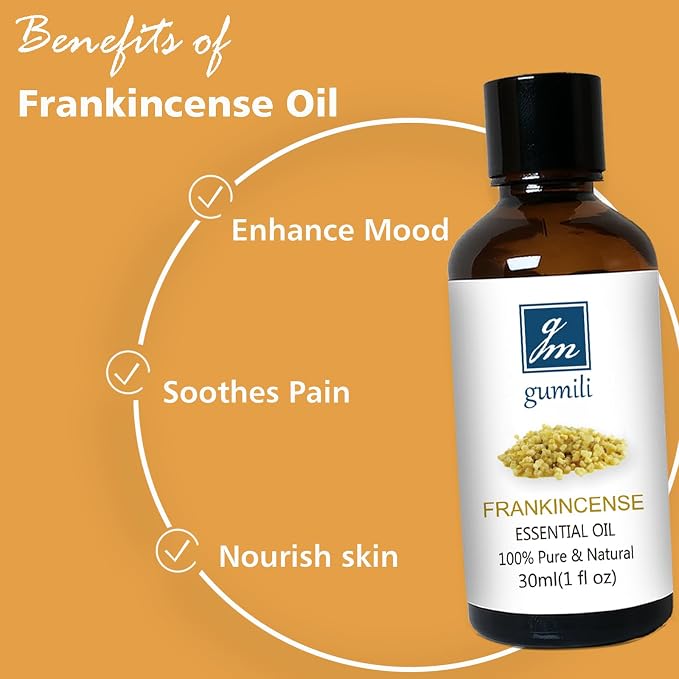 GM Gumili Frankincense Essential Oil 1 Oz, 100% Pure Frankincense Qil for Aromatherapy Diffuser, Skin, Face, Roll On, DIY Balm