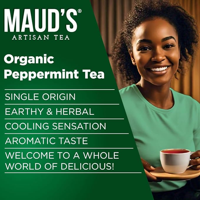 Maud's Organic Peppermint Tea Pods, 48 ct, Single Serve Pods – 100% Gourmet Blended Tea Leaves, Compatible with Keurig K Cups Maker