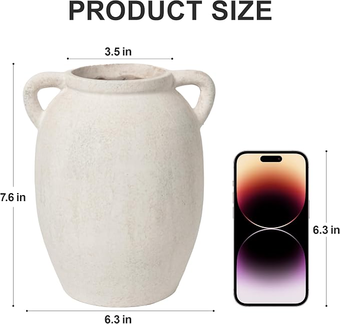 DREAMLOOM 7.6 Inch Ceramic Flower Vase, White | Double Handles, Farmhouse Vintage, Pottery Terracotta, Home Decor, Living Room Dining Table Wedding Centerpieces