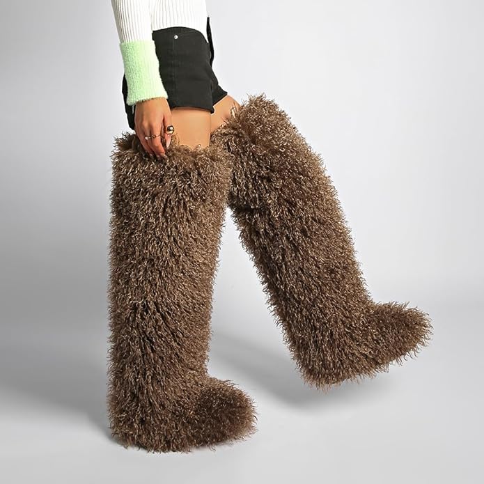 SWEETHEART BEAUTY Thigh High Shagy Teddy Fur Boots, 29 Inch Over the Knee Length Fluffy High Boots, Tall Furry Shoes For Women