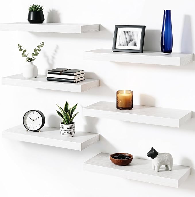 Fixwal Floating Wall Shelves for Decor (White Set of 6, 15.7 Inch) | MDF Shelves with Metal Brackets, Space Saving for Books, Decor, Works in Bathroom, Kitchen, Living Room, Bedroom