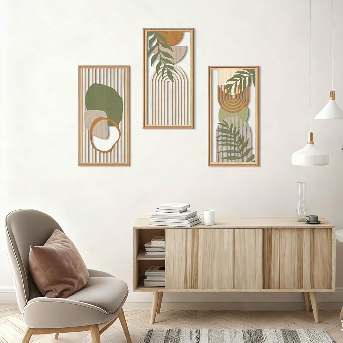 IARTTOP Boho Mid-century Modern Wood Wall Art 8x16 Inch Framed Green Bohemian Abstract Wooden Wall Decor Set of 3 Minimalist Geometric Leaf Artwork for Living room Bedroom Office