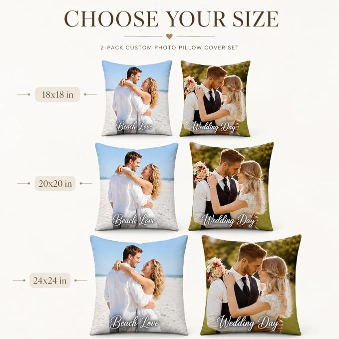 Bemaystar Custom Pillow Set of 4, Personalized Photo Pillow Covers with Picture Text, Made in USA, Custom Gifts for Family Pet Couple, Decorative Throw Pillow Gifts for Birthday Christmas (No Insert)