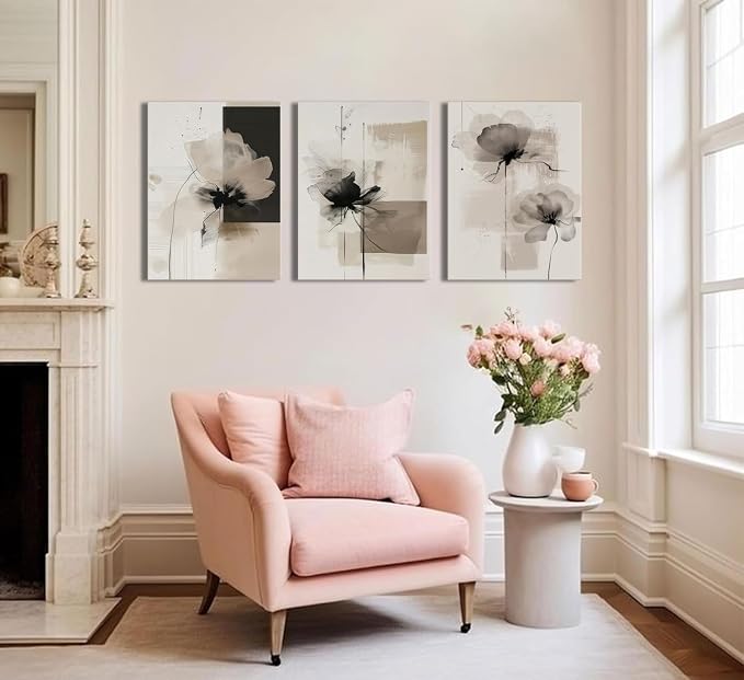 Neutral Abstract Floral Canvas Wall Art Modern Large Minimalist Wall Decor Contemporary Beige Black Flower Posters Prints Picture for Living Room Bedroom Bathroom Office 16x24 In Framed