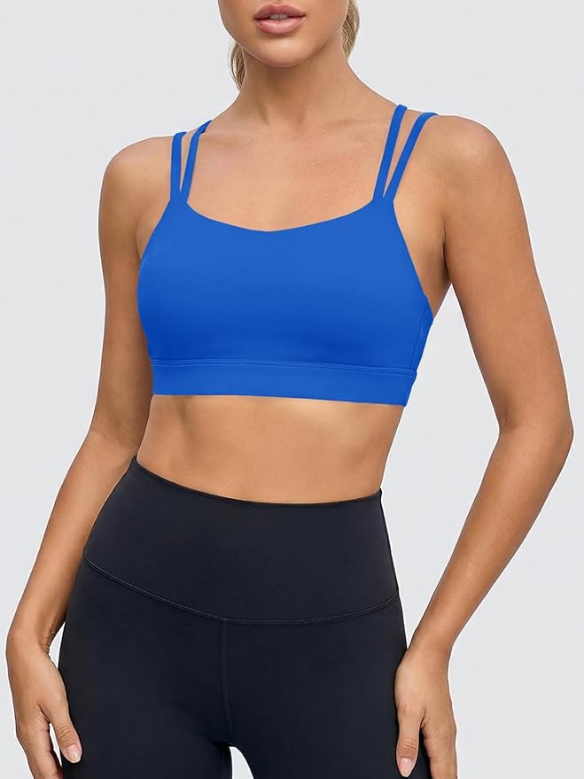 Aoysky Sports Bras for Women Buttery Soft Strappy Padded Sports Bra Double Spaghetti Straps Wireless Yoga Workout Crop Tops