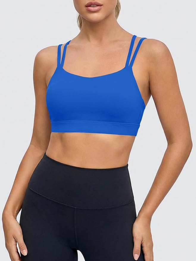 Aoysky Sports Bras for Women Buttery Soft Strappy Padded Sports Bra Double Spaghetti Straps Wireless Yoga Workout Crop Tops