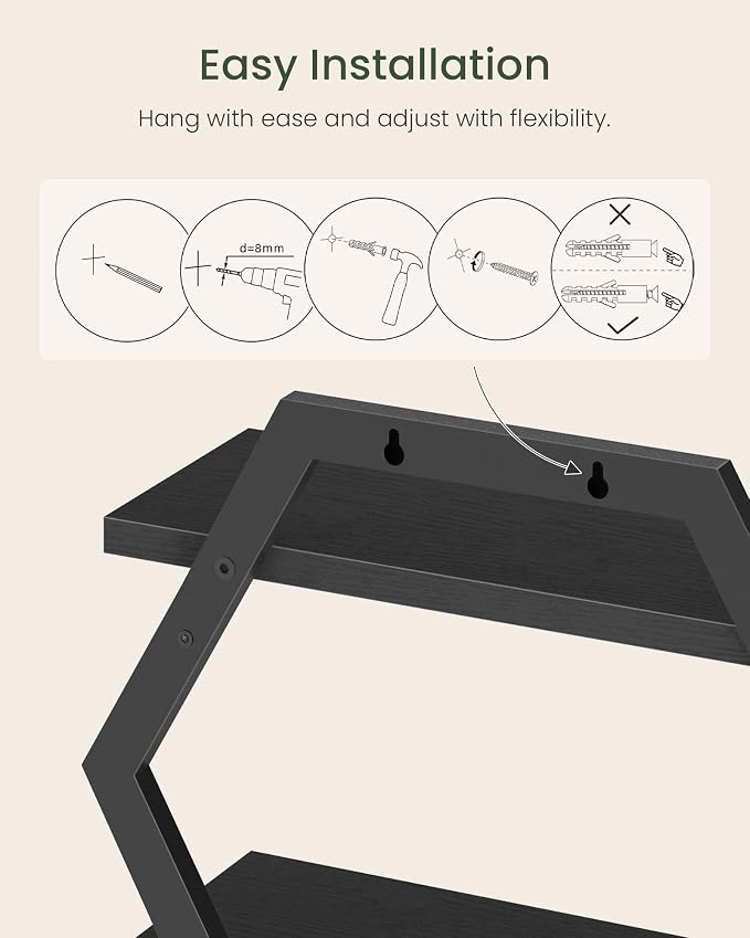 Hexagon Floating Shelves for Wall, Set of 2, 2 -Tier Hanging Shelves, Wall Mounted Storage Shelves, for Living Room, Bedroom, Kitchen, Home Office, Study, Black TBJ06P2BB