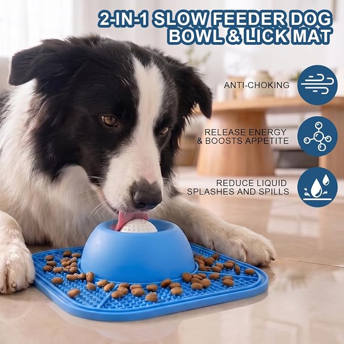 Aolso Slow Feeder Dog Bowl with Rolling Ball, 2in1 Anti-Slip Lick Mat