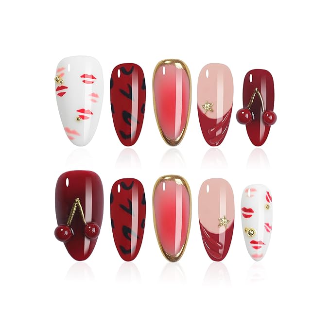 Handmade Press On Nails Almond, Valentine’s Day Press On Nails Luxury French Tips Fake Nails Short, 3D Cherry & Hickey Design, Salon-Quality Reusable, Fall/Winter Gift for Women, 10pcs
