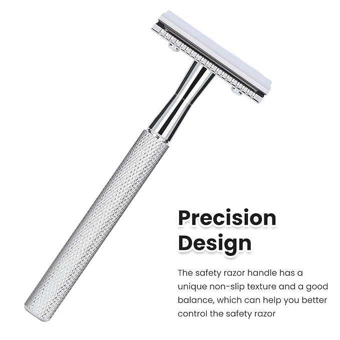 KEROPY Single Blade Safety Razor With 10 Premium Stainless Steel Blades Double Edge Safety Razors For Men, Smooth Wet Shave Experience, Glossy Silver