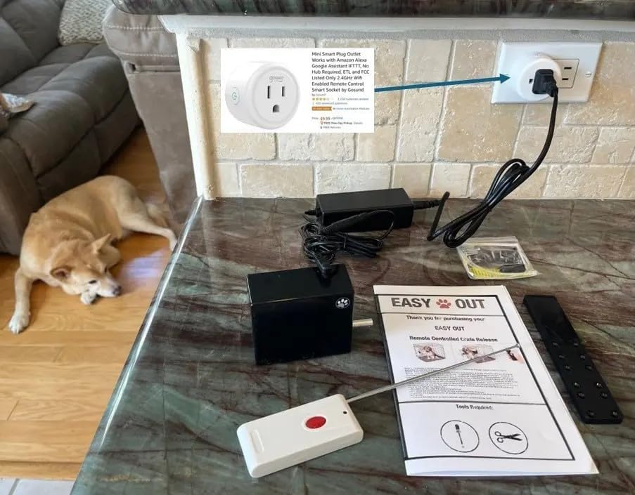 Easy Out Automated Pet Crate Opener for Single or Double Latch Crates, Activated by Remote Control or Wi-Fi Smart Plug, Model EODP2