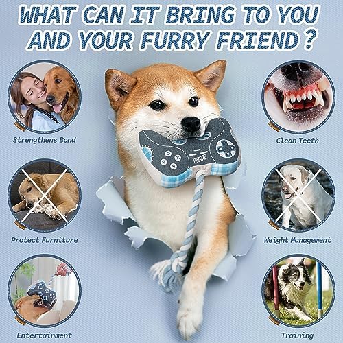MTERSN Funny Squeaky Dog Toys, Game Controller Plush Toy, Playtime, Denim
