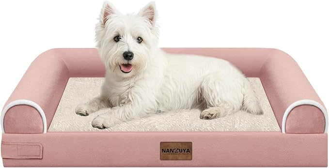 Orthopedic Dog Bed for Medium Dogs, 28 x 19 Inch, Pink | Egg crate foam for joint support, 3-sided bolster pet sofa, waterproof lining, washable cover, and non-skid base