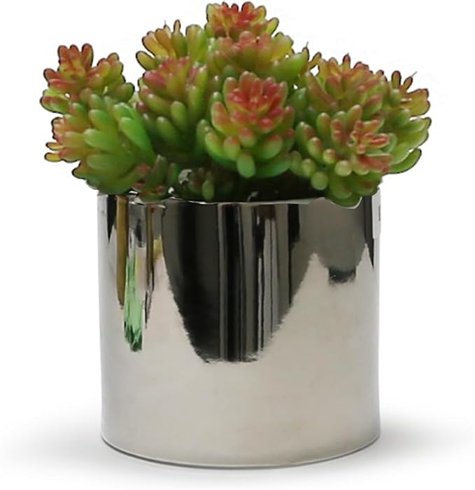 WGVI Silver Ceramic Cylinder Vase Width 6.5" Height 6", Flower Arrangements, Candle Holder, Terrarium Planter Pot, Storage Container Organizer, Pen Brush Holder, Smooth Silver Tabletop Decor, 1 Pc