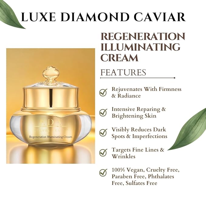 Luxe Diamond Caviar Regeneration Illuminating Cream - Anti-Aging With Caviar Extract Collagen, Anti-Wrinkle Intensive Repairing & Brightening Skin, Dark Spots & Imperfections - Vegan & Paraben-Free