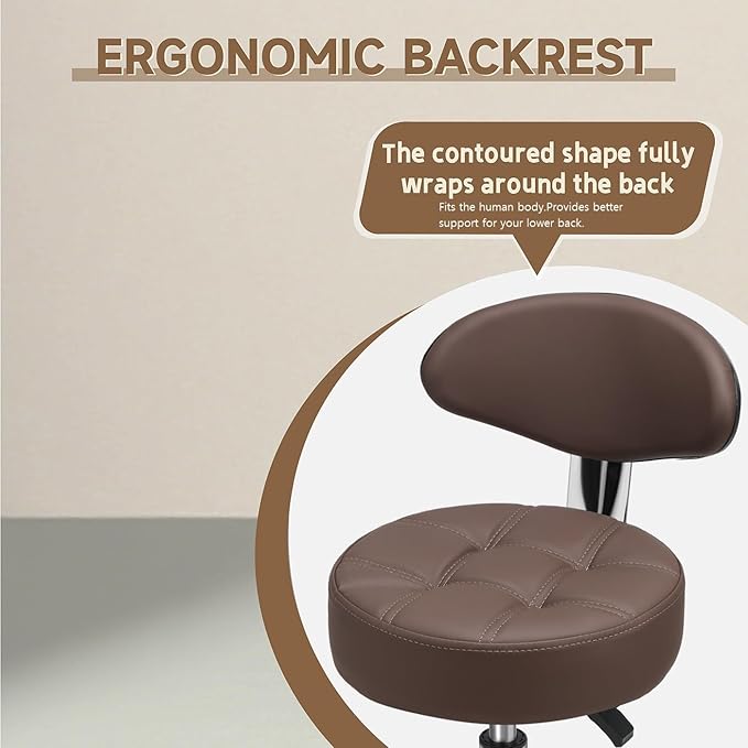 Kaleurrier Swivel Stool Adjustable Height: Heavy Duty Hydraulic Rolling Chair Metal Stool for Kitchen Salon Bar Office Massage (with Back Rest) (Coffee)