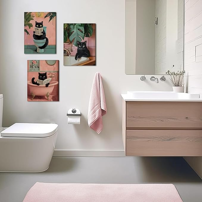 Funny Pink Bathroom Cat Wall Art Painting Set of 3 Maximalist Cute Black Cat Bathroom Wall Decor, Eclectic Animal Restroom Poster Canvas Prints Pictures 16x24 inch Framed