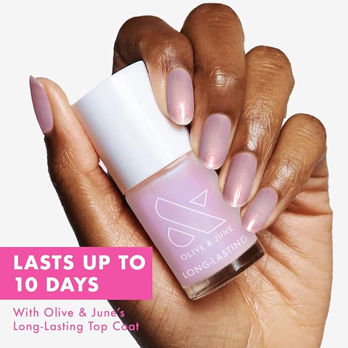 Olive & June Long Lasting Nail Polish | Spring Pastel Nails | Plump Gel-Like Finish No Lamp Needed | Lasts up to 10 days | 15-Free Vegan & Cruelty-Free Chip-Resistant | Pink Goldfish Pink Iridescent