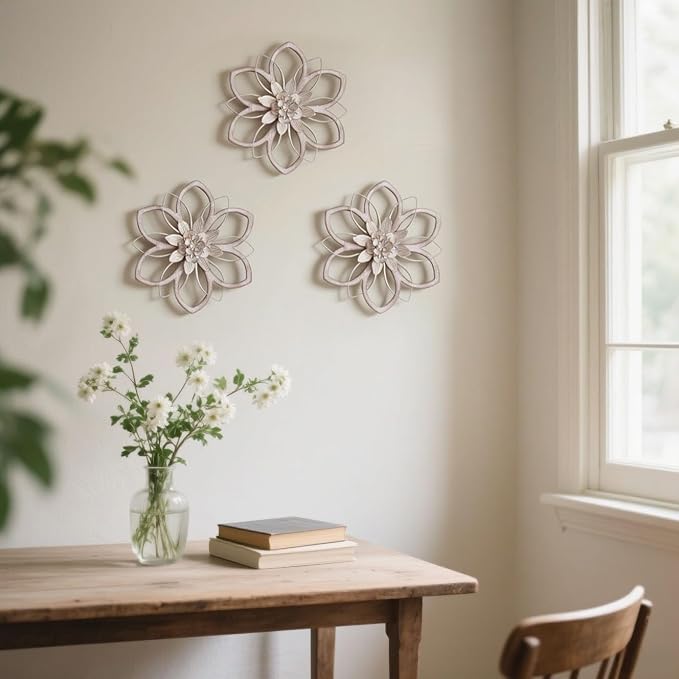 Remenna Metal & Wood Flowers Wall Decor, Rustic Wall Art Decoration Farmhouse Wall Decorations Multiple Floral Hanging Decor for Bathroom Living Room Home Office Garden Kitchen White 12inch