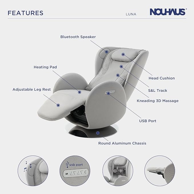 Nouhaus Luna Heated Massage Chair,Full Body Massaging Zero-Gravity Leisure Recliner with Low-Noise 3D Massage and Dual Sound Systems Modern Massage Chairs (Elder White)
