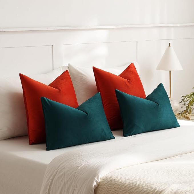 Euro Sham Covers 24x24 Burnt Orange: Pack of 2 Cozy Soft Velvet Square Modern Luxury Decorative Throw Pillow Cases for Sofa Couch Living Room Bed Home Decor